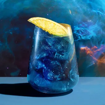 A blue drink with a slice of lemon in front of a space background.