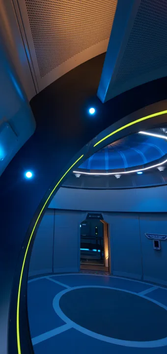 The interior of a futuristic spaceship.