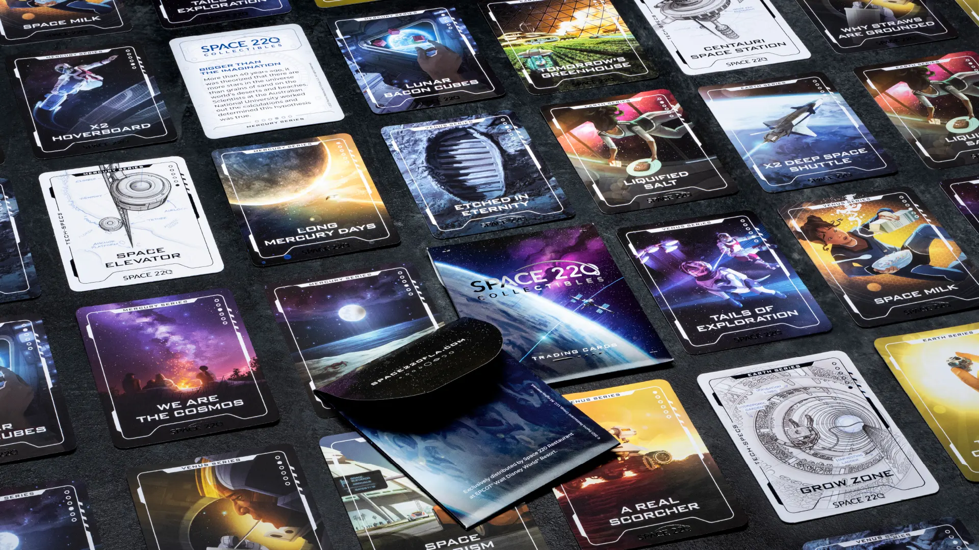 A collection of space cards on a table.
